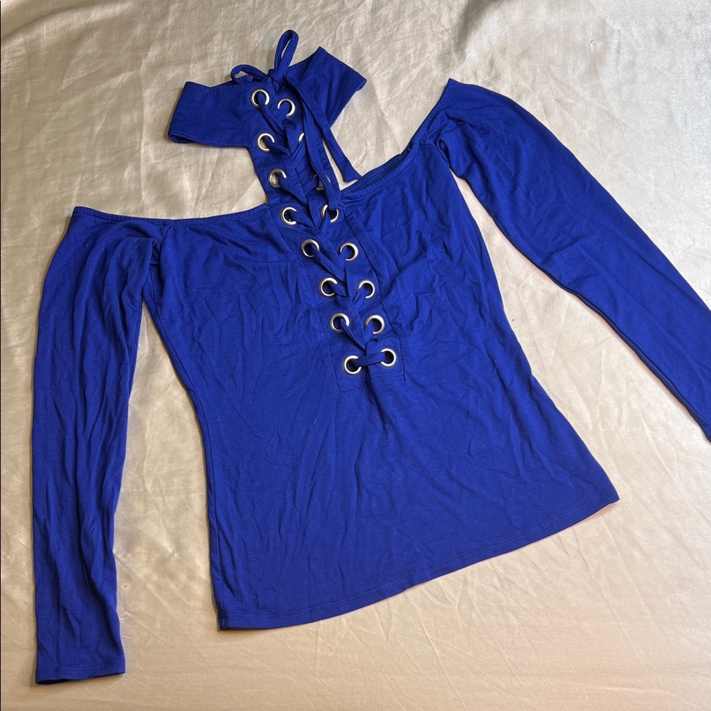 VENUS Royal Blue Lace-Up Blouse